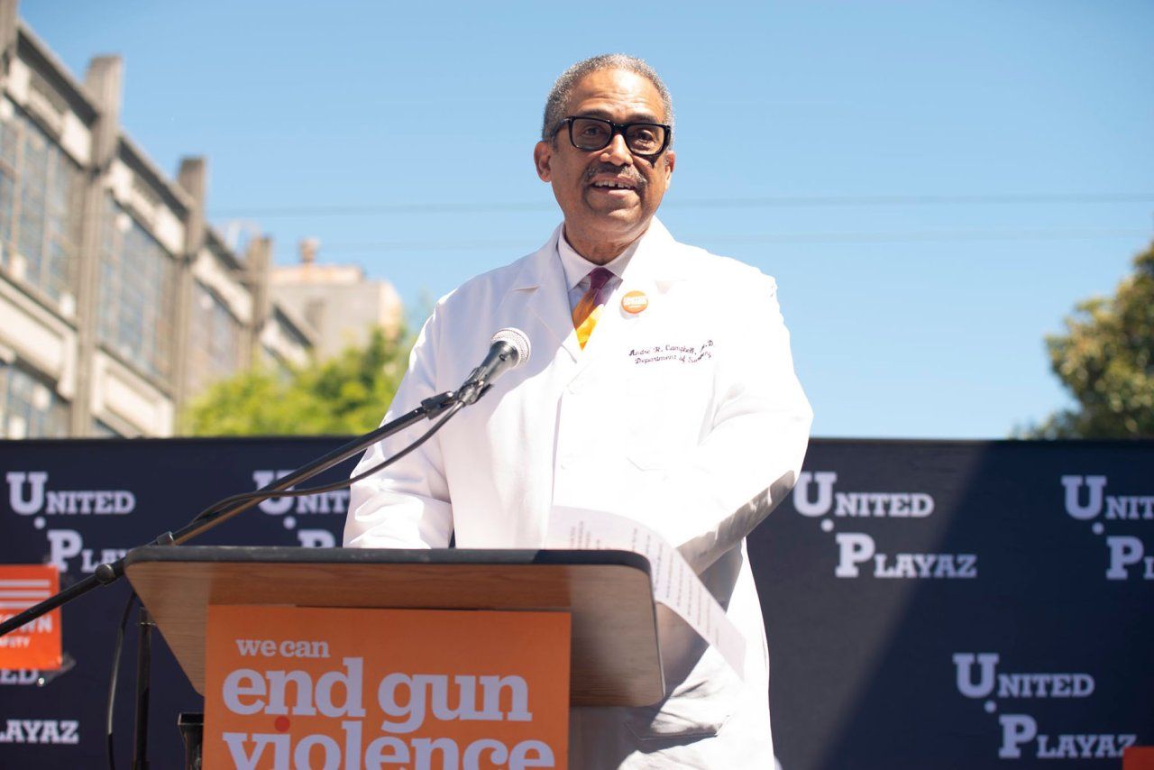 Andre Campbell speaking at an event to end gun violence.