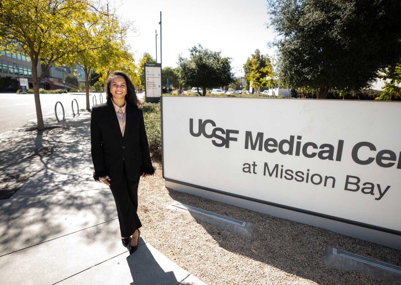 Pharamcy technician Vanessa Pubil stands outside the U C S F Medical Center at Mission Bay.