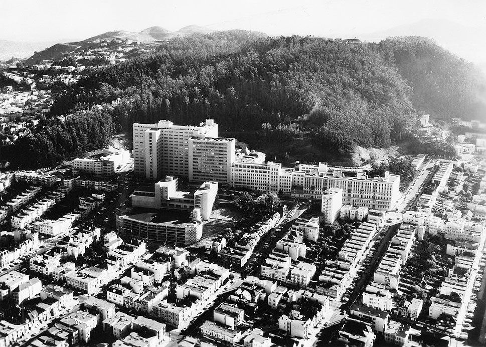 aerial of Parnassus campus taken in late 1950s