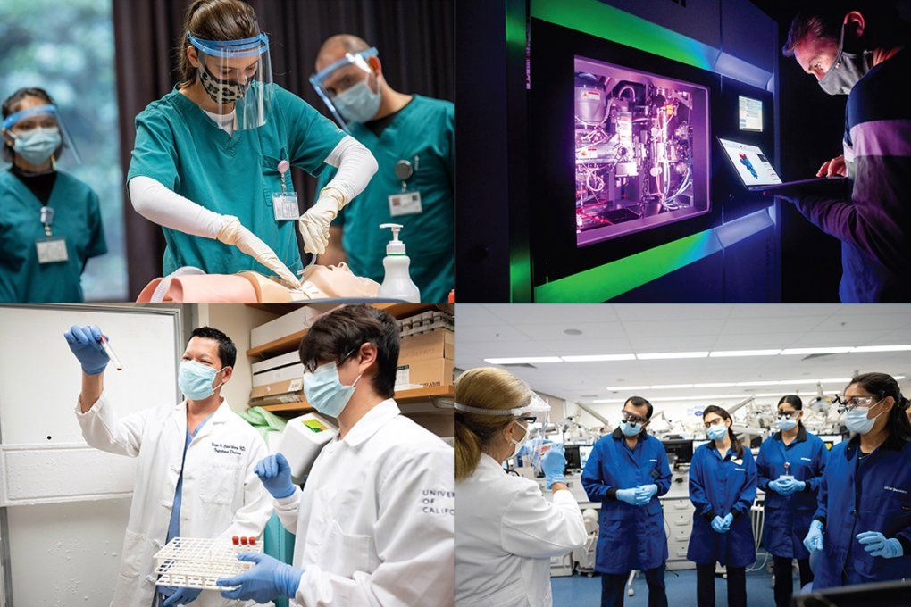 Four photos showing students in the lab or in clinical simulations