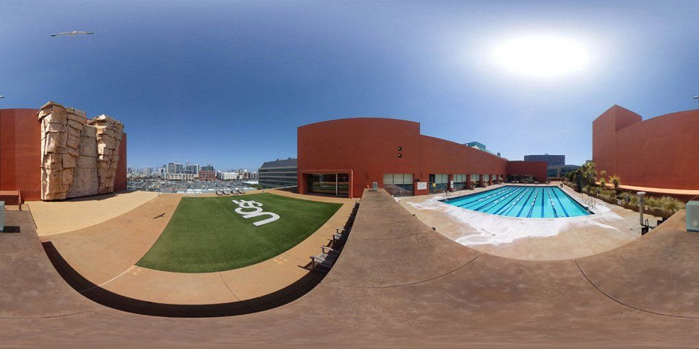 The roof of the Rutter Center where there's a pool, a giant patch of green grass, and a climbing wall