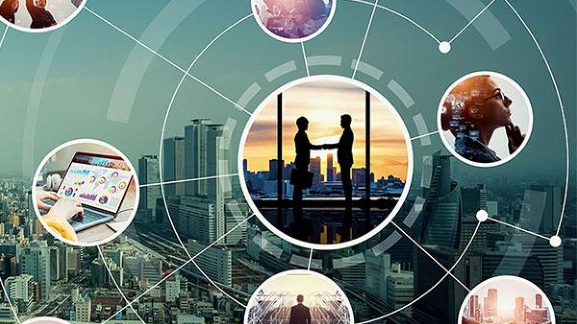 Digital illustration of a connected city with circular images representing business, technology, data, and collaboration.