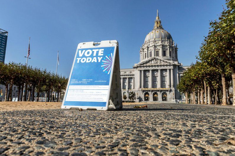 voting sign outside San Francisco City Hall