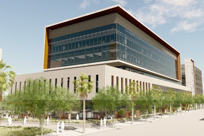 A rendering of the new building that will be placed at Block 34 showing a line of trees and banks of windows
