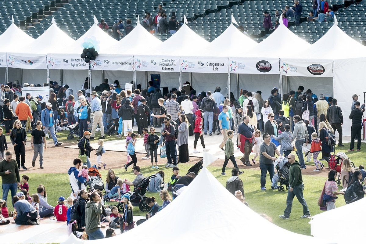 UCSF’s booths at Discovery Day on the field in AT&T Park