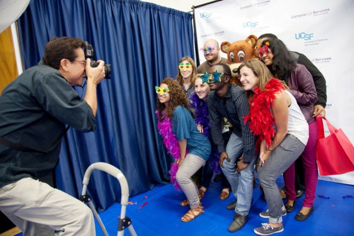 Students pose in a group for a photo 