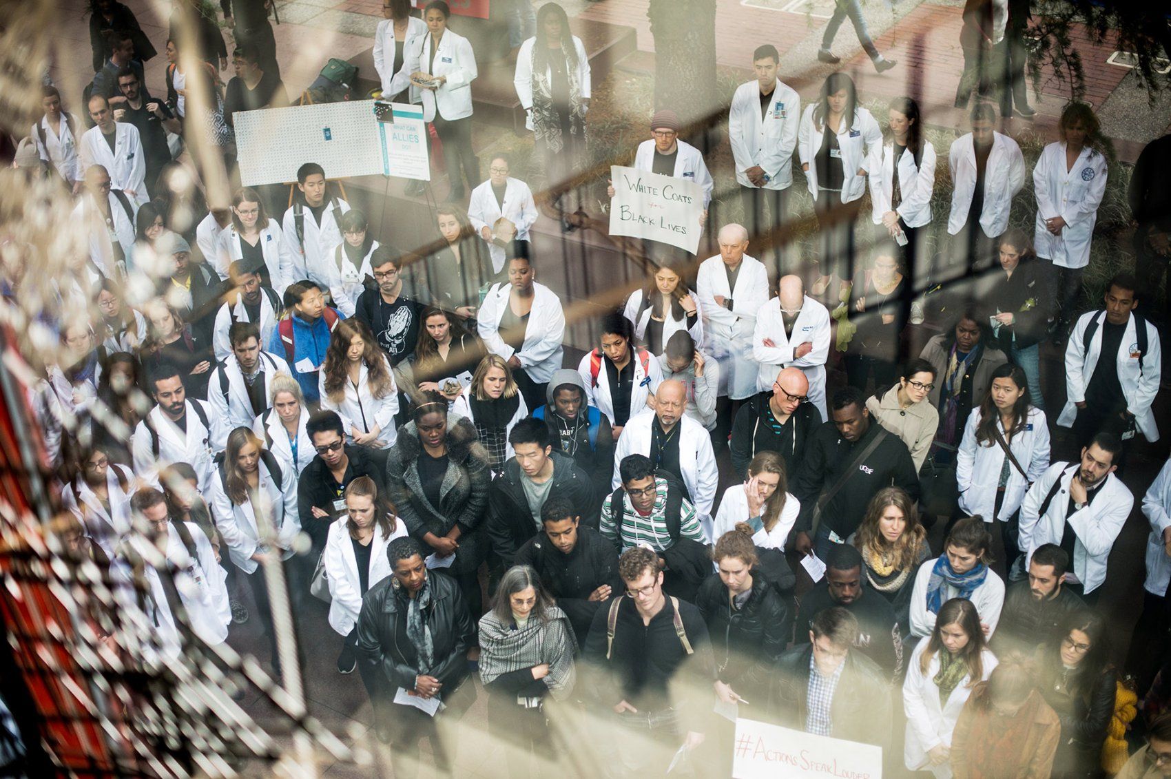 2015 White Coats 4 Black Lives rally crowd seen from library