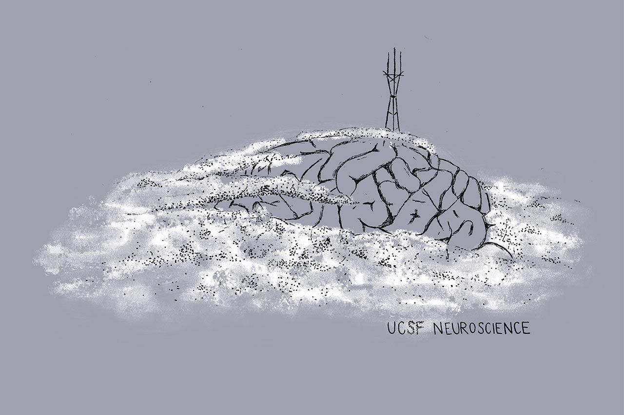 Illustration of Parnassus Heights depicted as a brain; Sutro Tower sits on top and fog floats around the brain hill; bottom right corner reads “UCSF Neuroscience”
