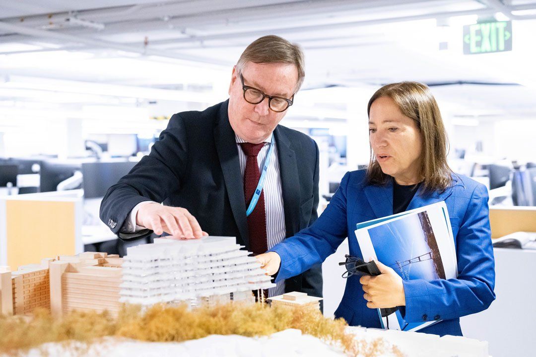Chancellor Sam Hawgood, left, shows Lieutenant Governor of California Eleni Kounalakis, a model of the new UCSF Helen Diller Medical Center planned for the Parnassus Heights campus