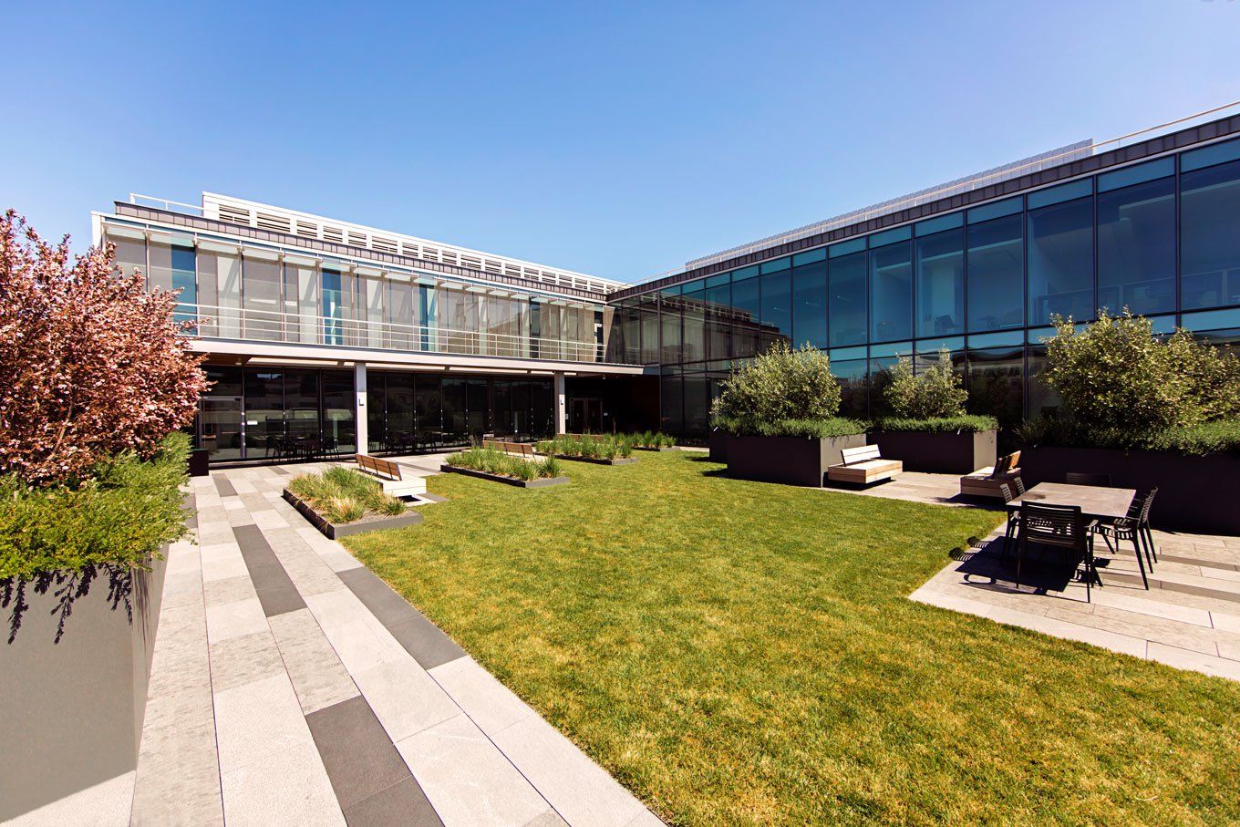 A rooftop garden at the Nancy Friend Pritzker Psychiatry Building. In the center of the small courtyard is a lawn