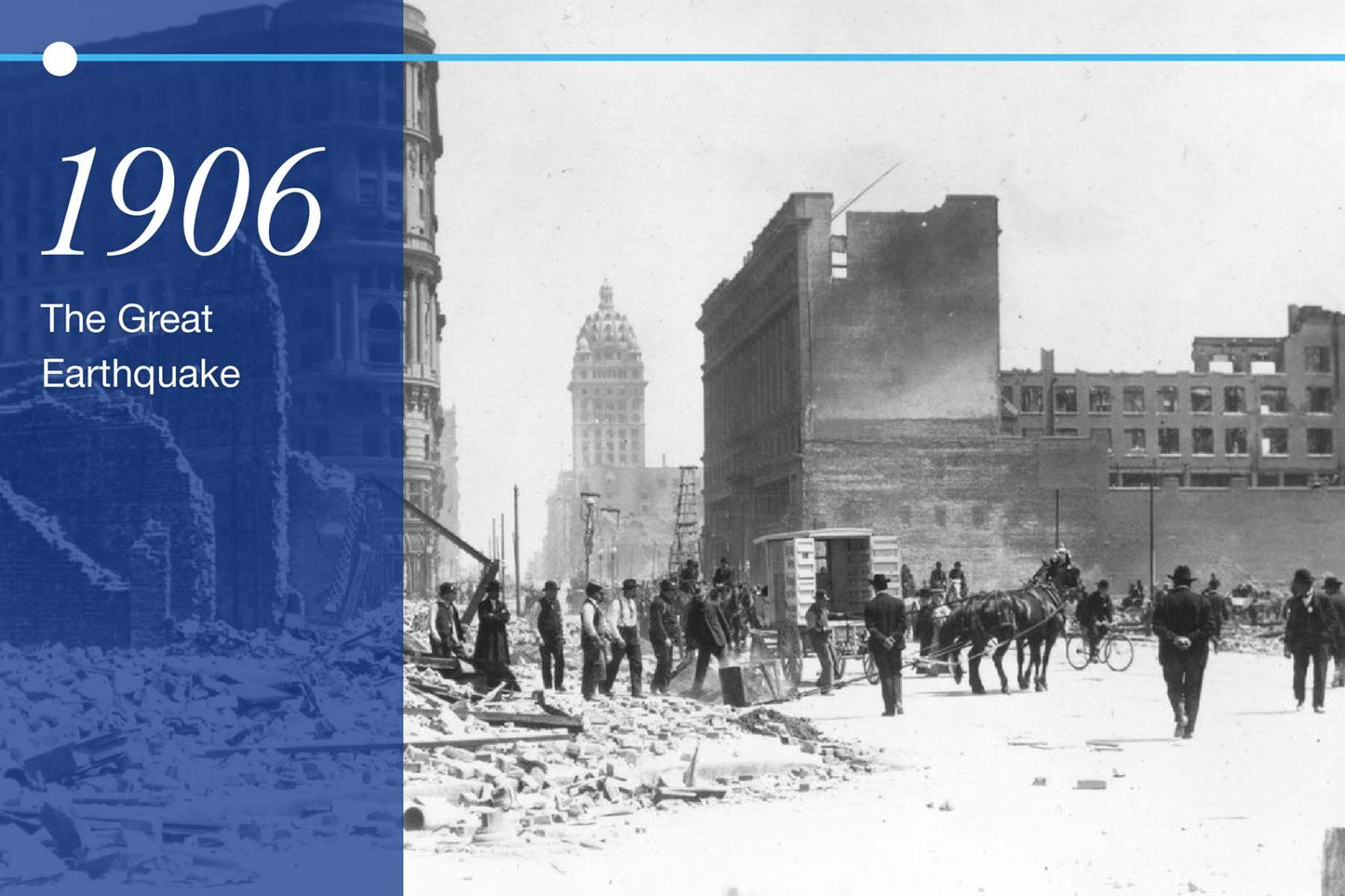 Market street is strewn with rubble after the 1906 earthquake