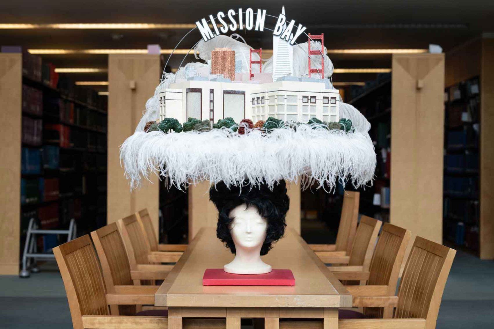 A large stage hat that has miniature models of Mission Bay landmarks.