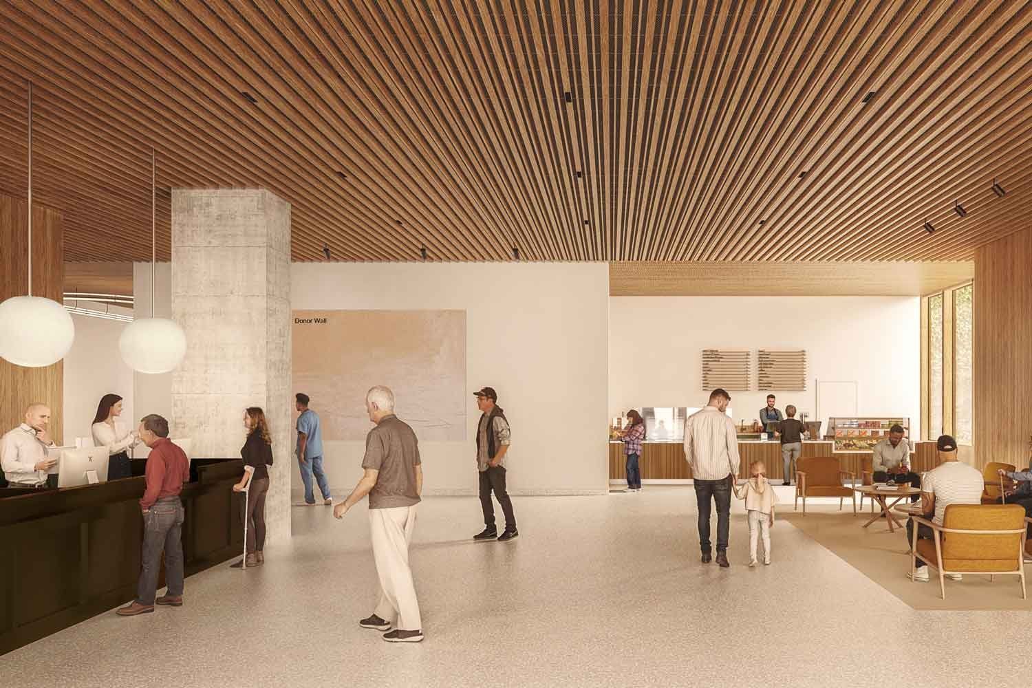 A rendering showing the first floor lobby at the Helen Diller Hospital.