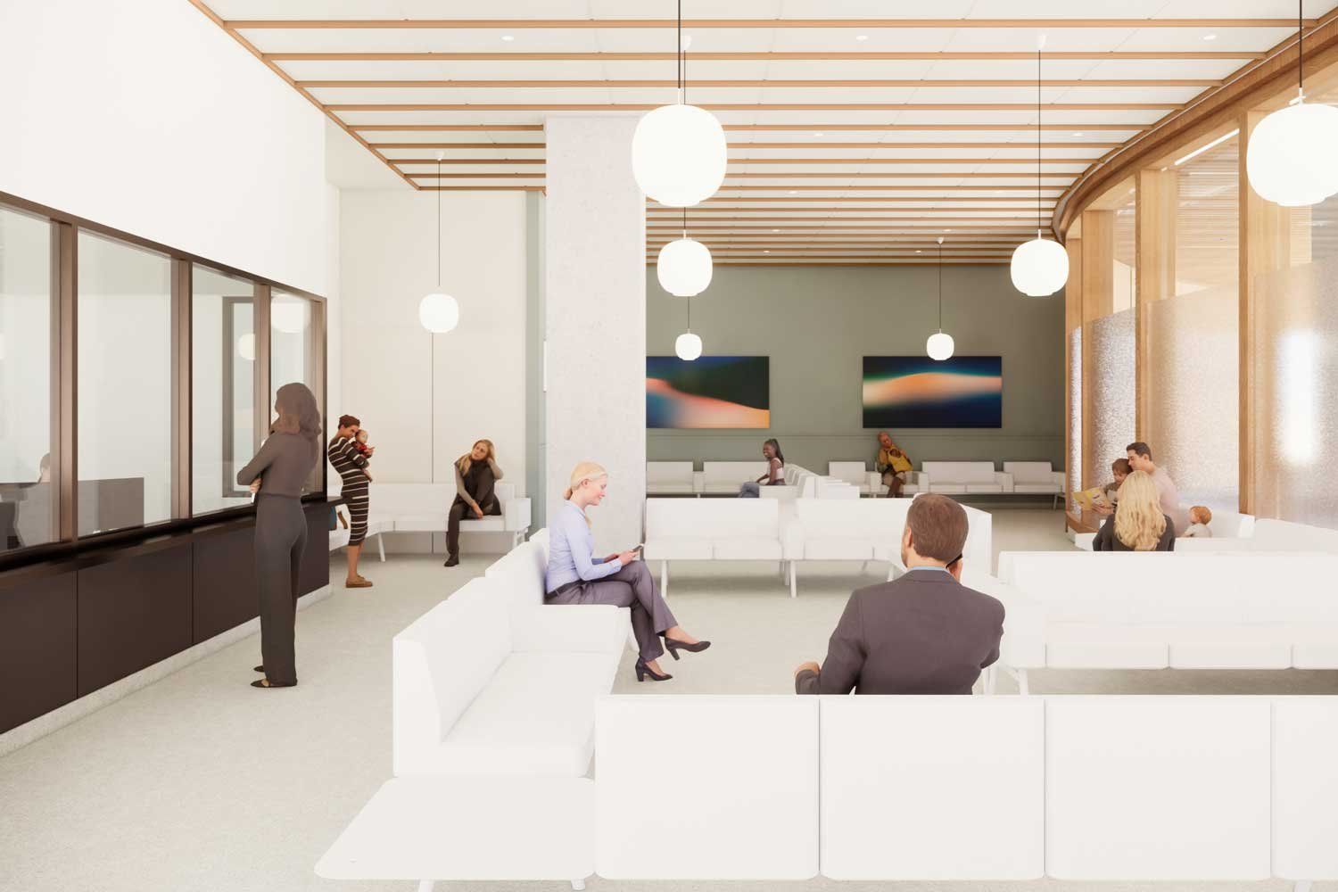 A rending of a light-filled emergency department lobby.