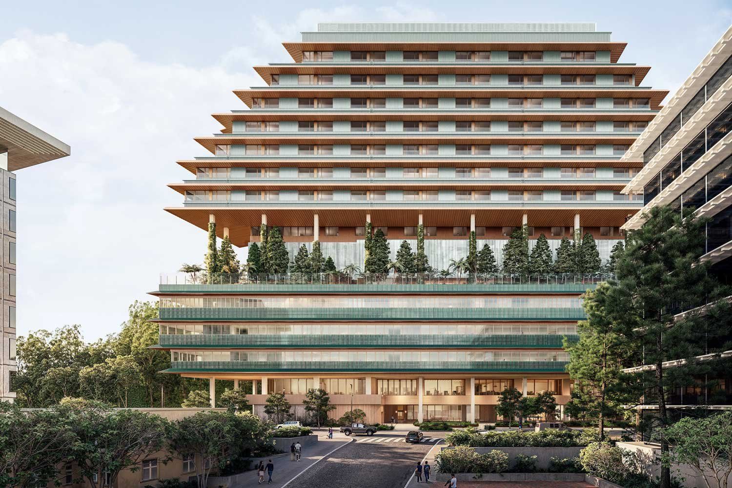 A rendering of the new Helen Diller hospital, showing tiered floors and trees on the hospital's terrace.