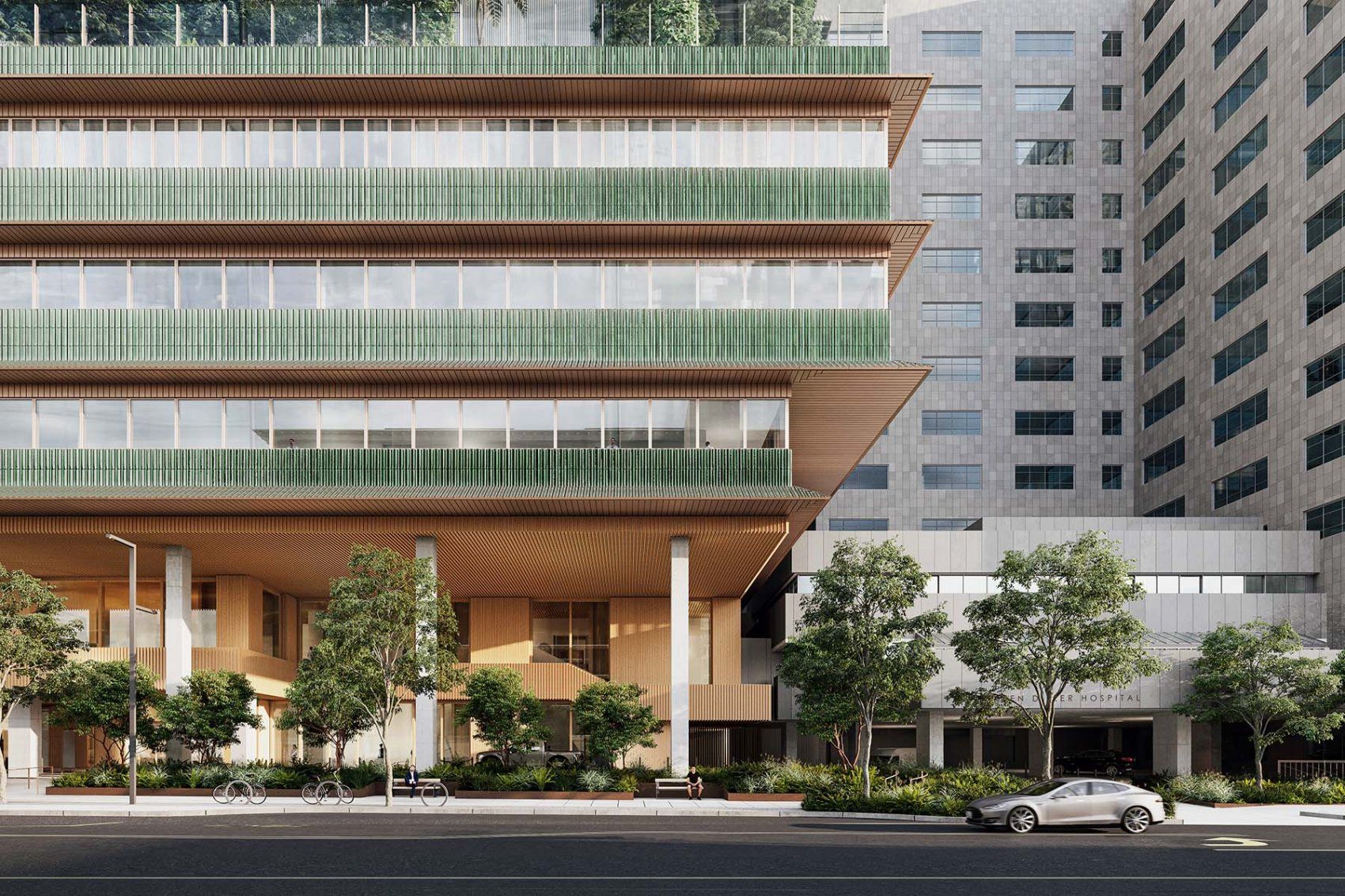 A rendering showing the entrance of the lobby as it intersects with other buildings on Parnassus Avenue.