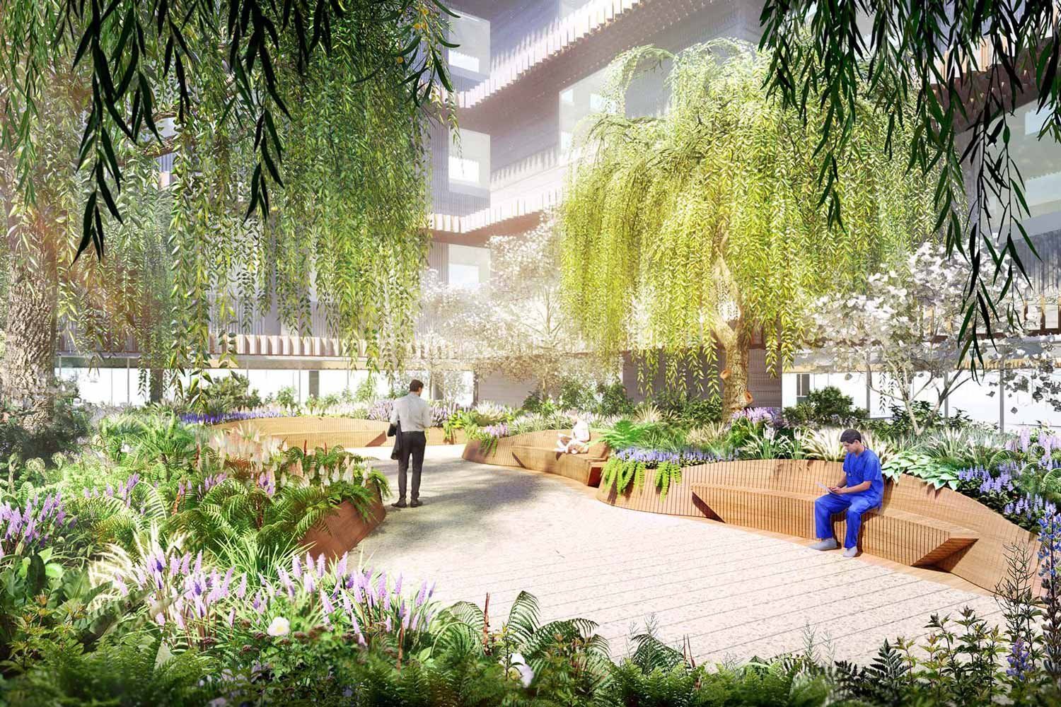 A rendering of a broad patio area with benches lined with trees and ferns.