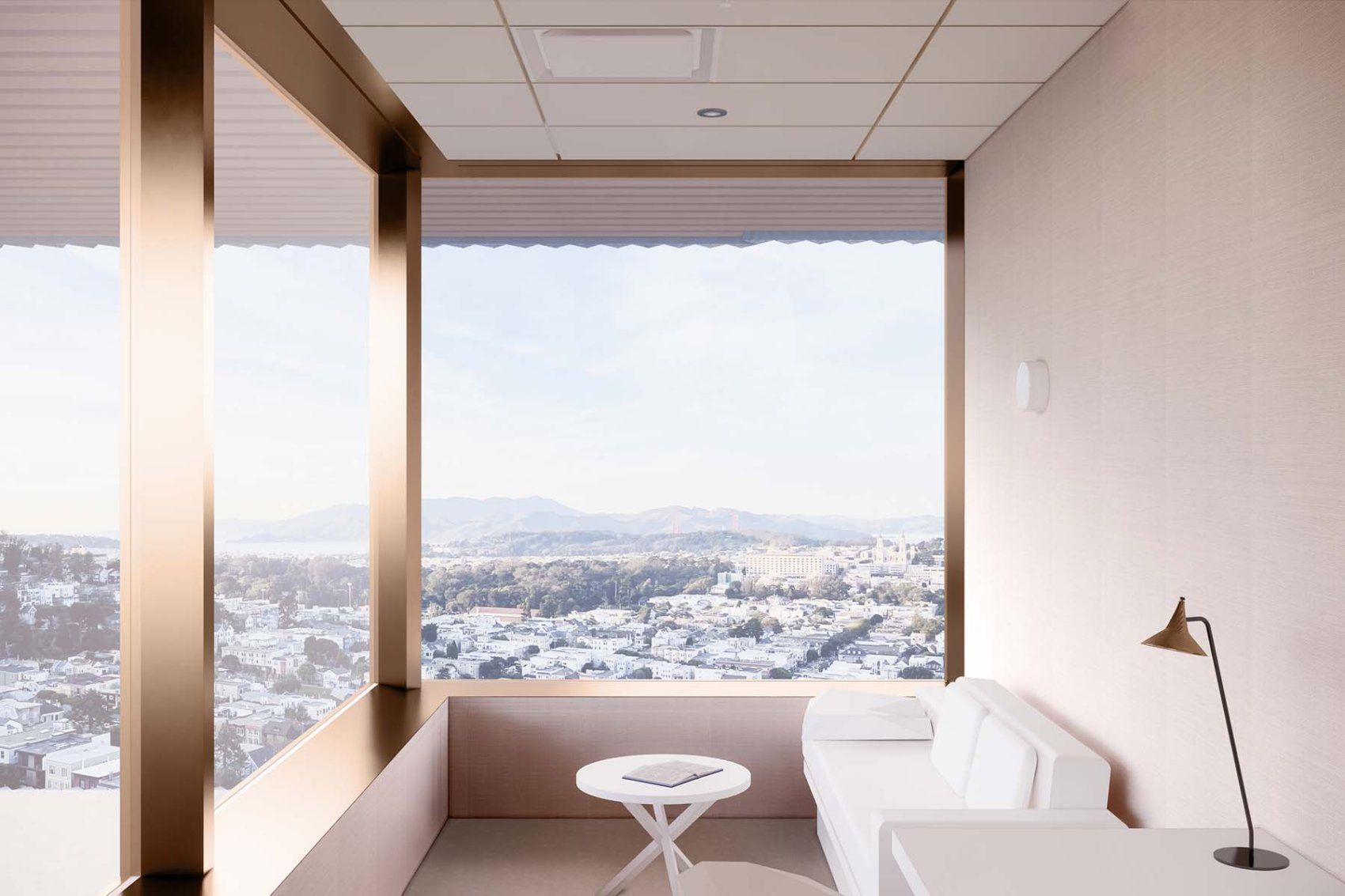 A rendering of a quiet area on an upper floor showing a corner seat surrounded by windows and a view of the city.