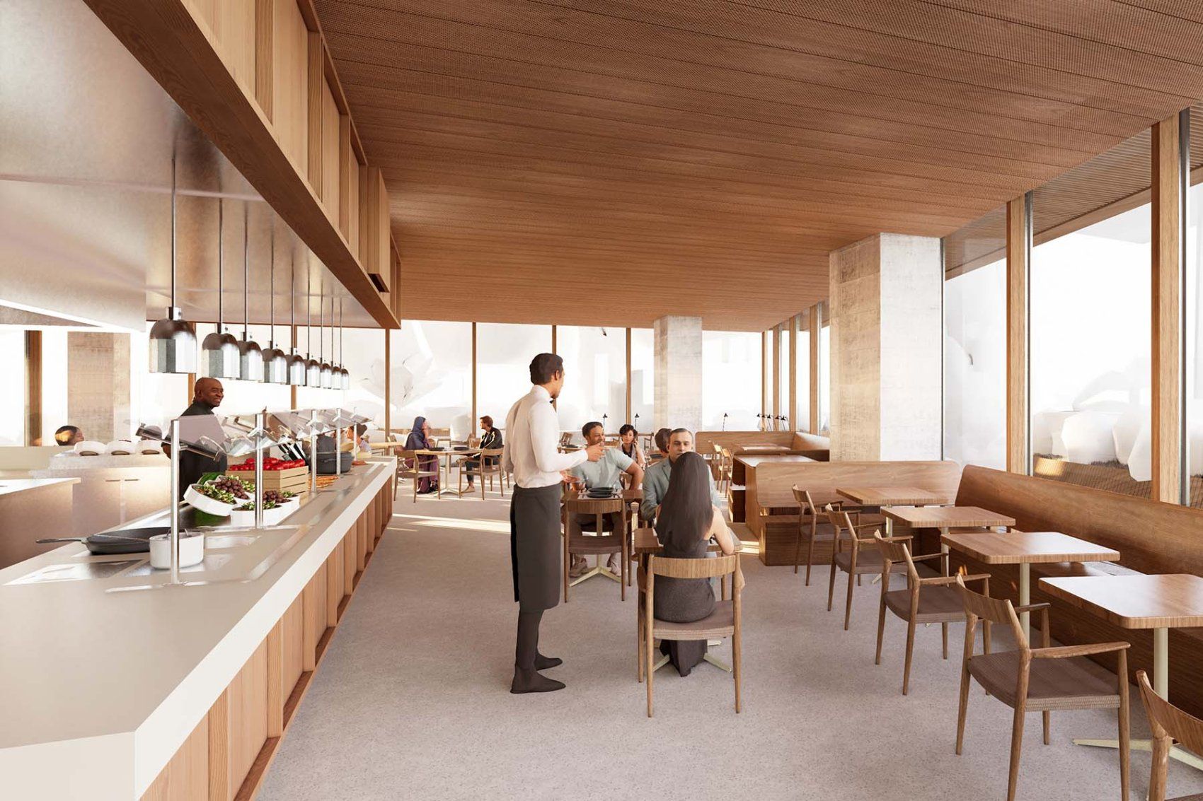 A rendering of a server approaching two patrons in the hospital's restaurant.