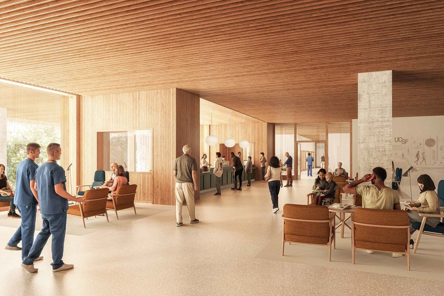 A rendering of the second floor showing banks of windows, help desks and seating areas with a diverse set of people.