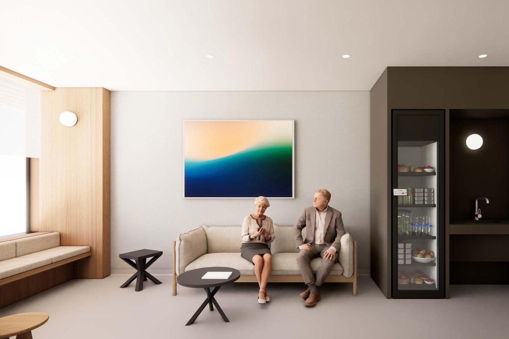 A rendering of two people in a waiting room with a vending machine, couch and bank of windows.