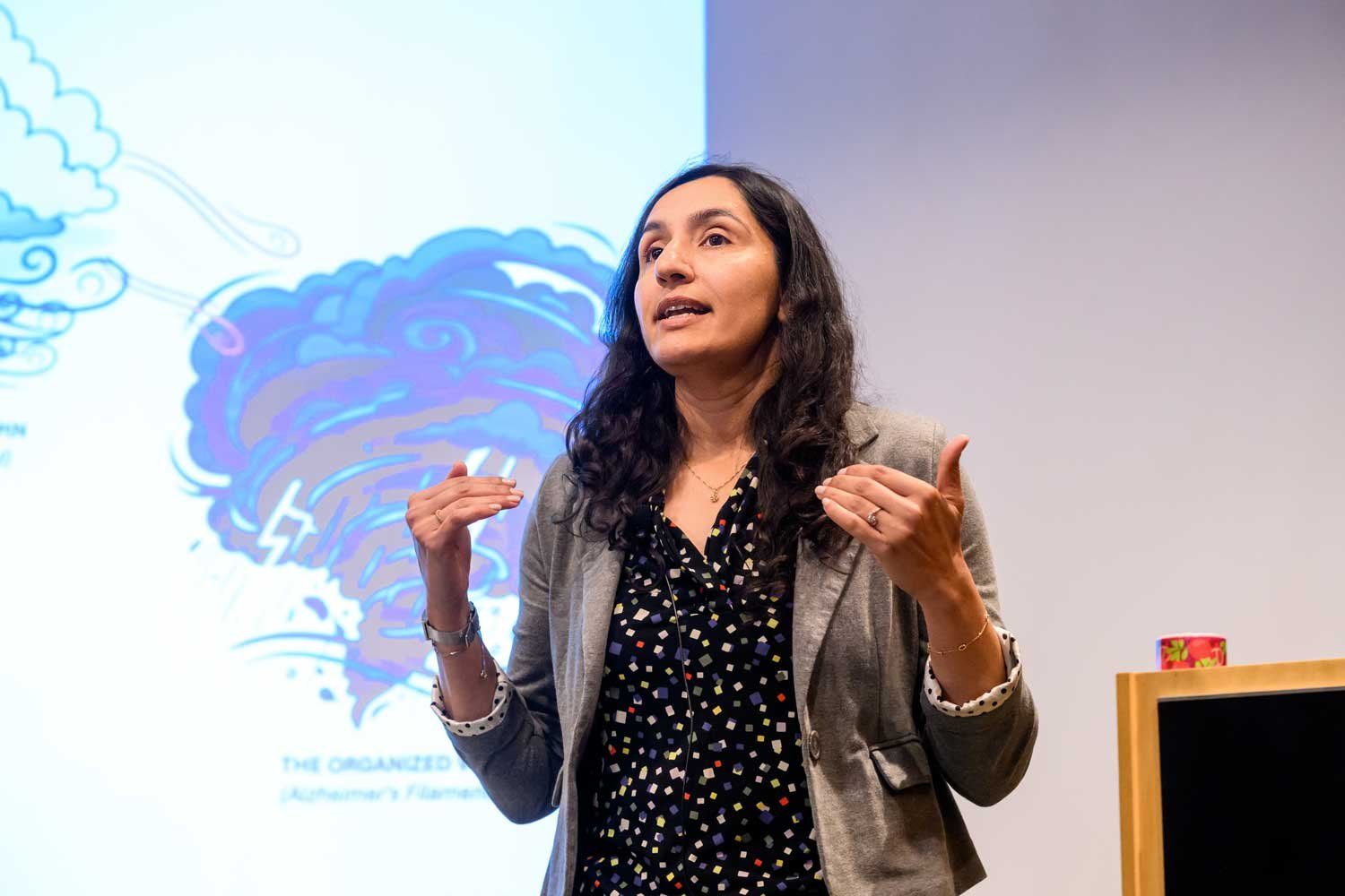 Second place winner Chaitali Anand delivers her talk on stage.