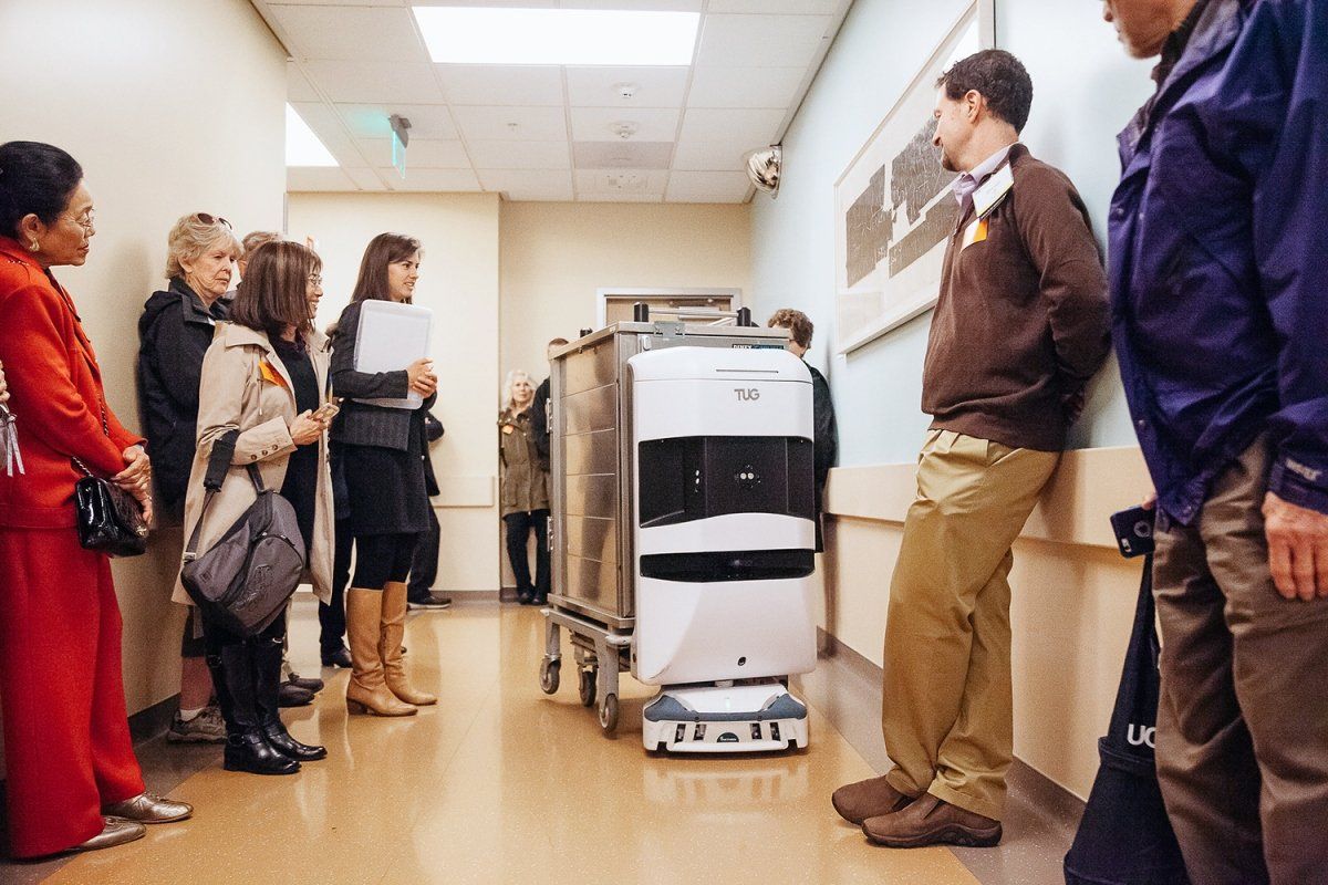 TUG robot that hauls food, linens, specimens and medications around the facility