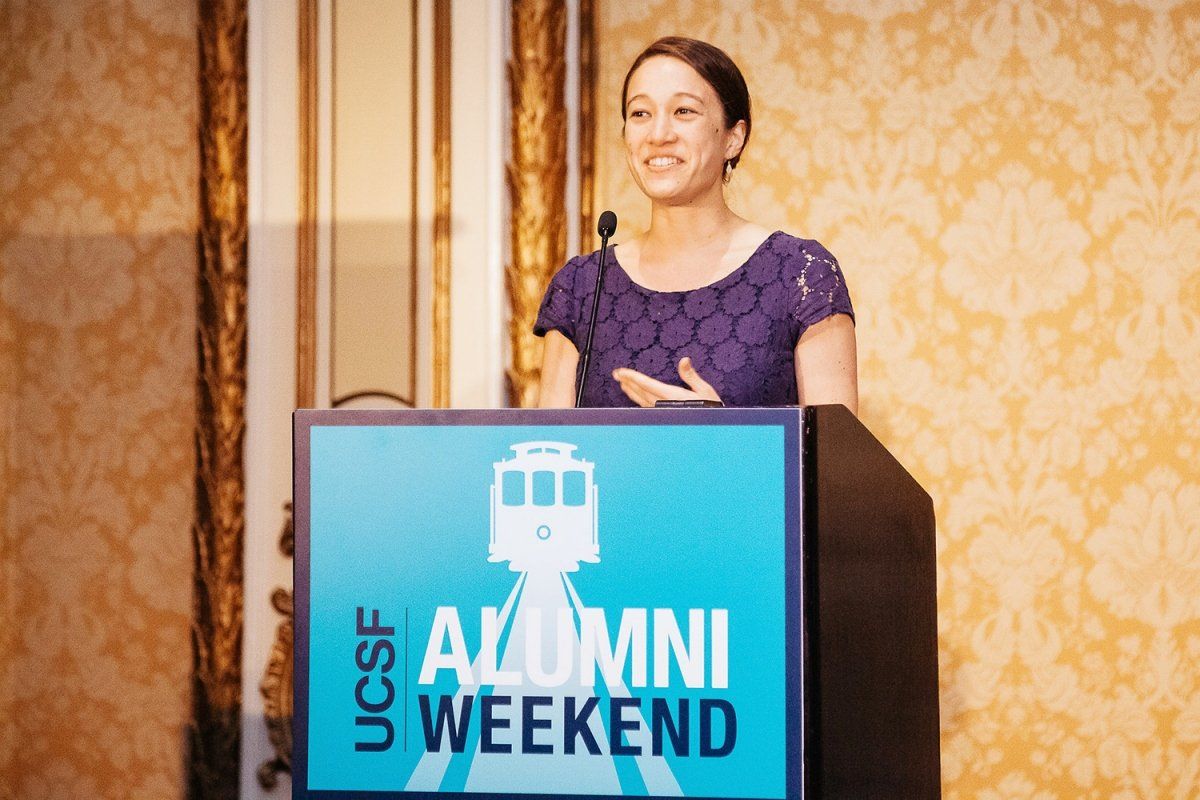 Graduate student Christina Hueschen, winner of this year’s UCSF Grad Slam competition, speaks at the UCSF Graduate Division gala during the 2017 Alumni Weekend
