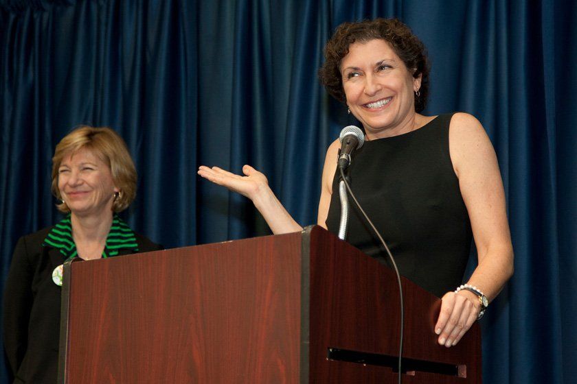 Vice Chancellor for Student Academic Affairs Elizabeth Watkins, PhD, gives her introduction of Chancellor Susan Desmond-Hellmann, MD, MPH, during the Chancellor's Reception