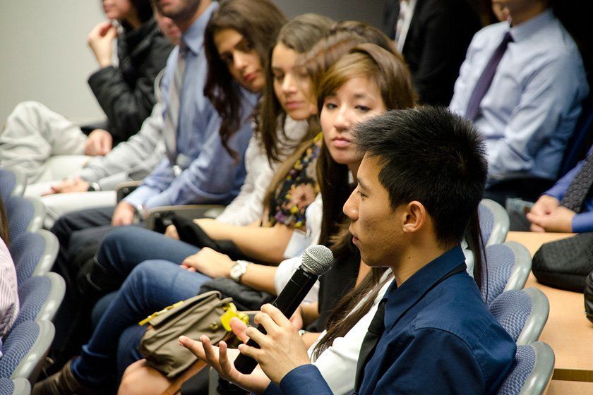 First-year dentistry student Leon Chung asksing a question during an alumni panel