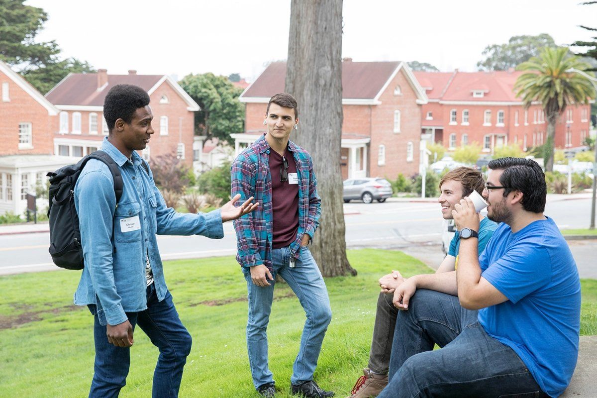 First-year UCSF PhD students Chase Webb, Ryan Samuel, Matthew Schmitz and Eric Gonzalez talking 