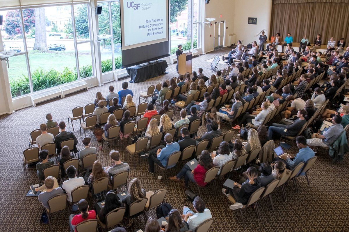 Aerial view of the audience an presenter at the 2017 UCSF Graduate Division retreat