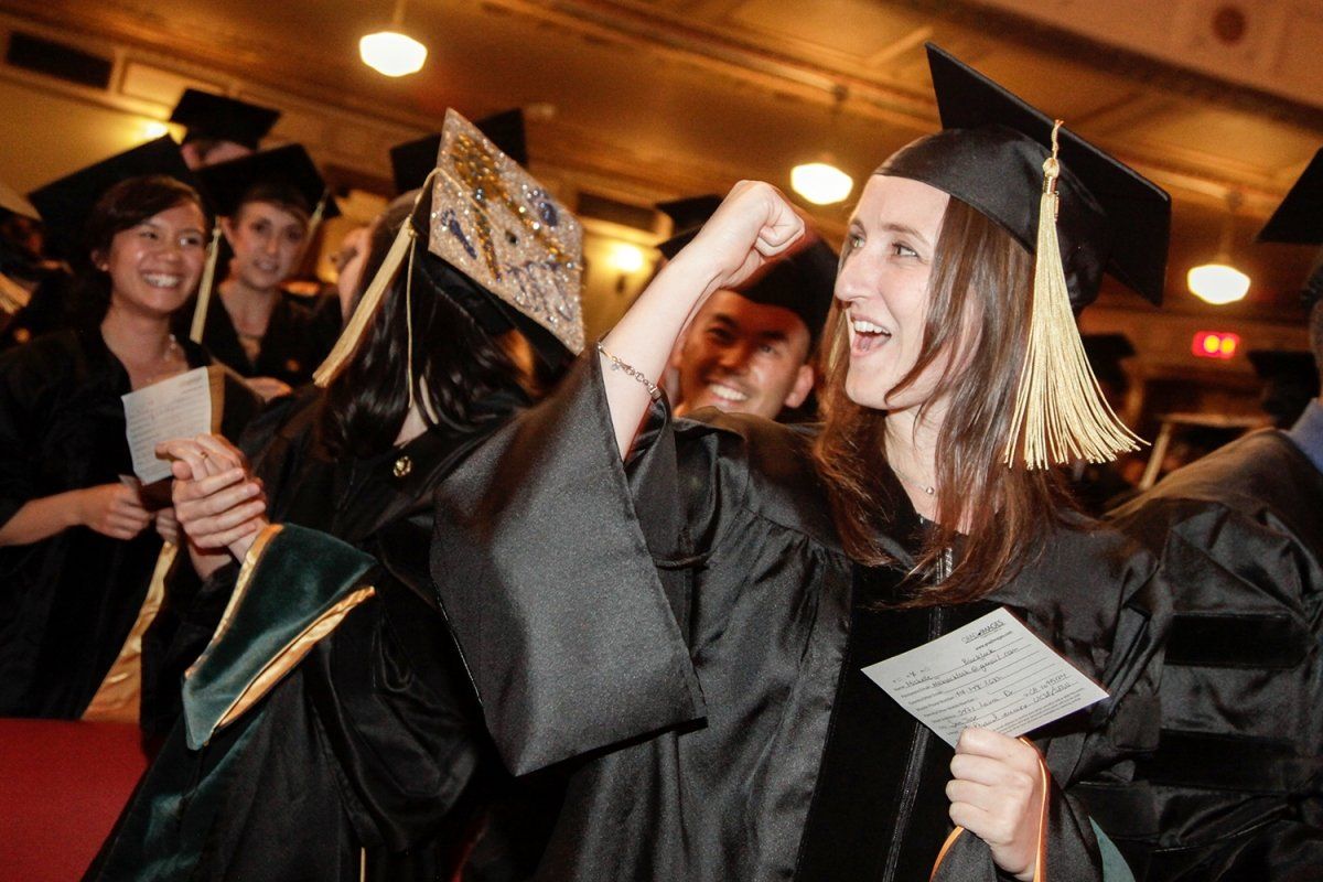 Michelle Blacklock celebrates during the 2018 Graduate Division commencement ceremony