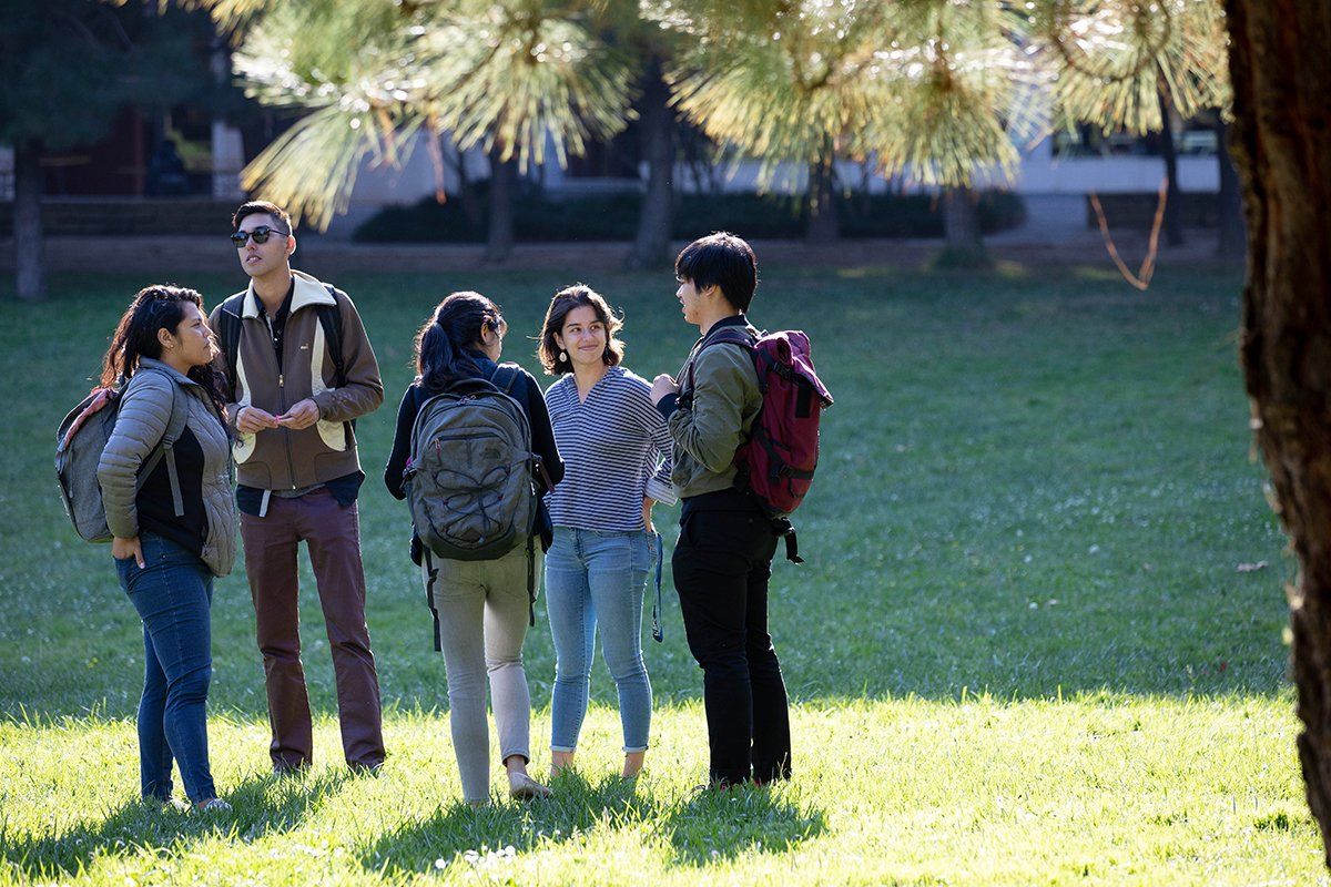 Graduate students Priscila Muñoz Sandoval, Michael Takahashi Mobaraki, Bahar Zirak, Emily Bulger and Jean Luke Campos chat on the lawn on the Koret Quad