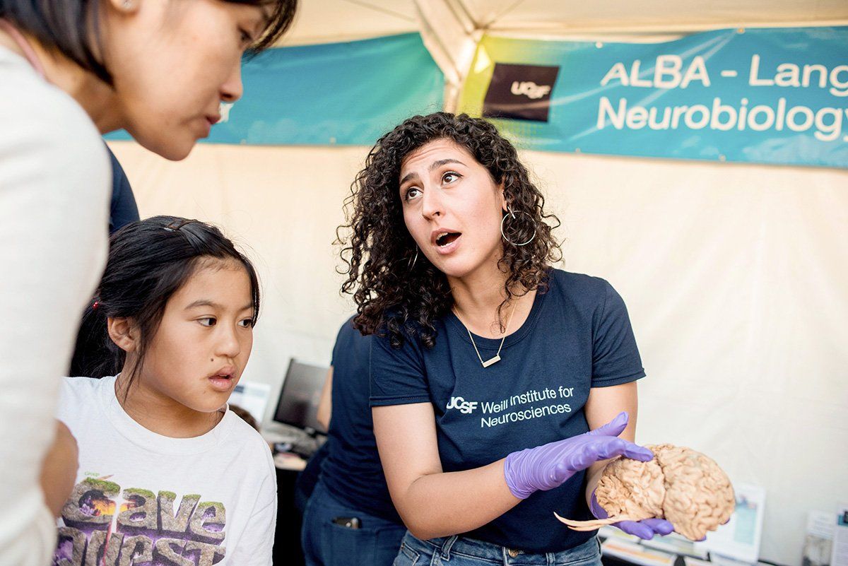 Victoria Bourakova, a staff research associate at the UCSF Memory and Aging Center, shows participant Maggie Sun, age 10, the lobes of the human brain