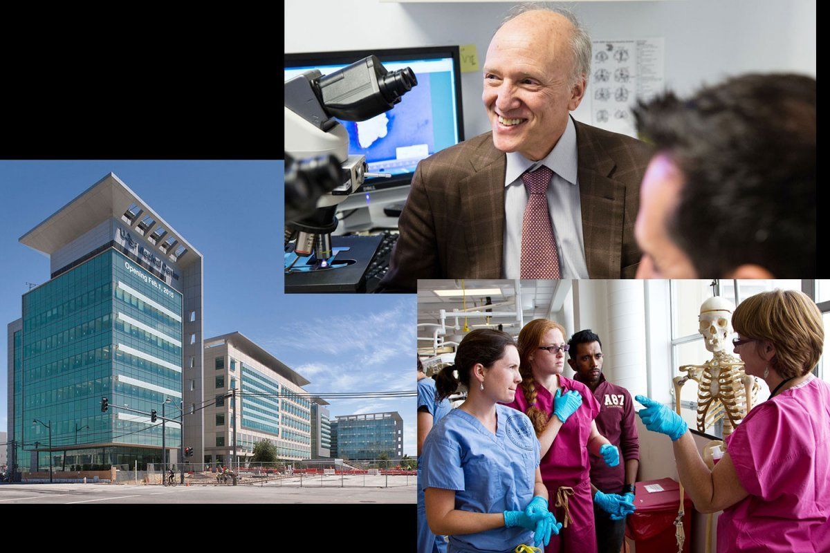 Collage that shows students, proffessors, and the Mission Bay hospital