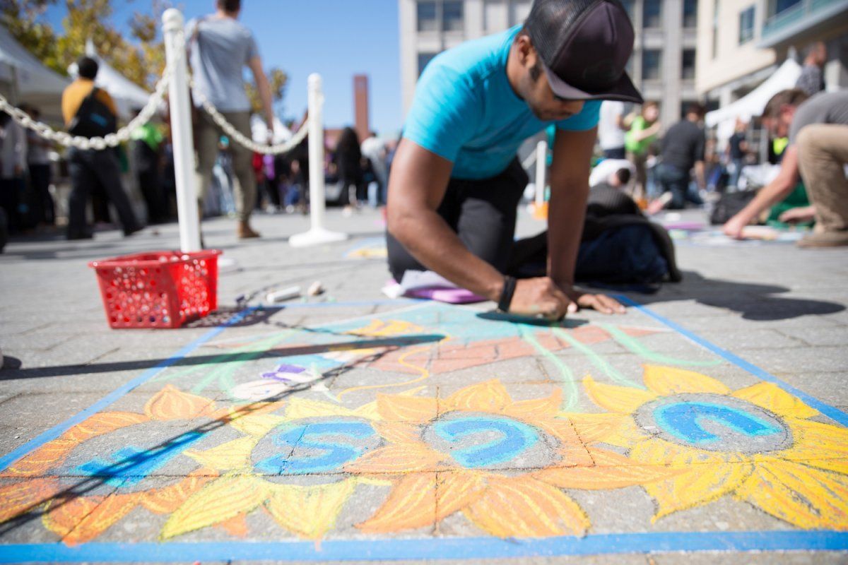 Chalk art contestent draws four orange sunflowers with blue letter in the center of each one, to spell UCSF