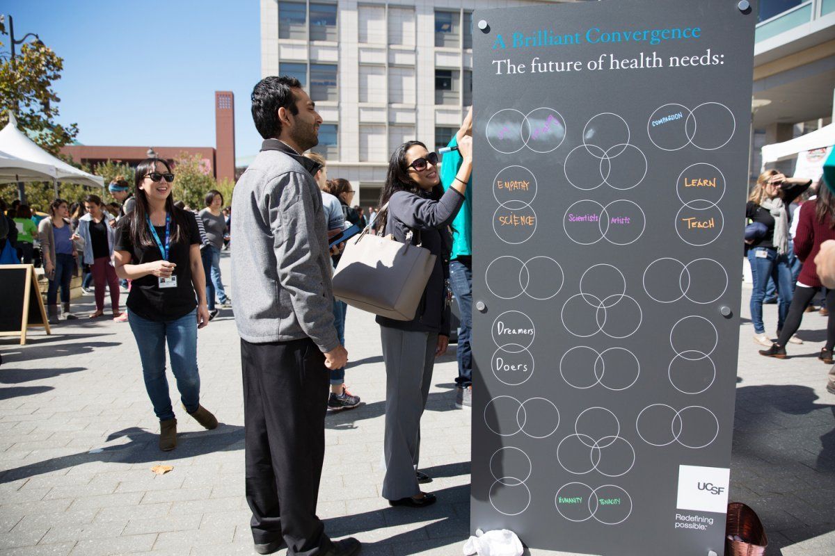 Attendees at the Mission Bay Block Party write on a Venn diagram wall titled "A brilliant Convergence. The future of health needs"