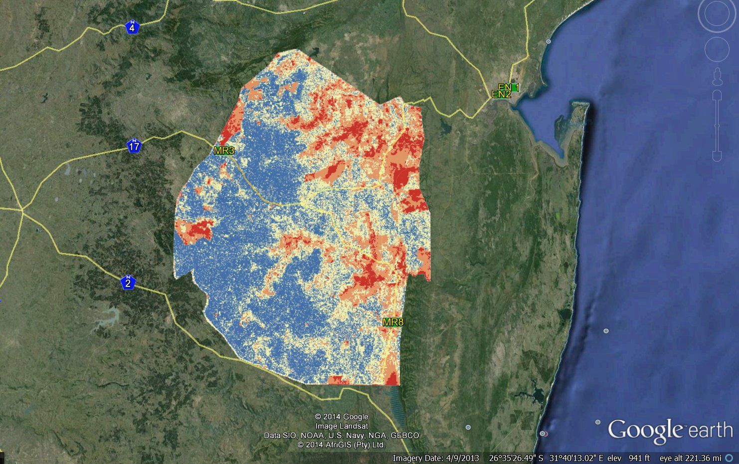 A sample risk map of malaria in Swaziland during the transmission season using data from 2011-2013