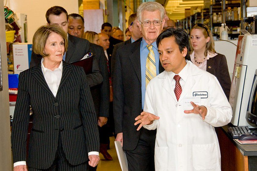 Nancy Pelosi tours the Mission Bay campus with Robert Mahley,  MD, PhD and Deepak Srivastava, MD.