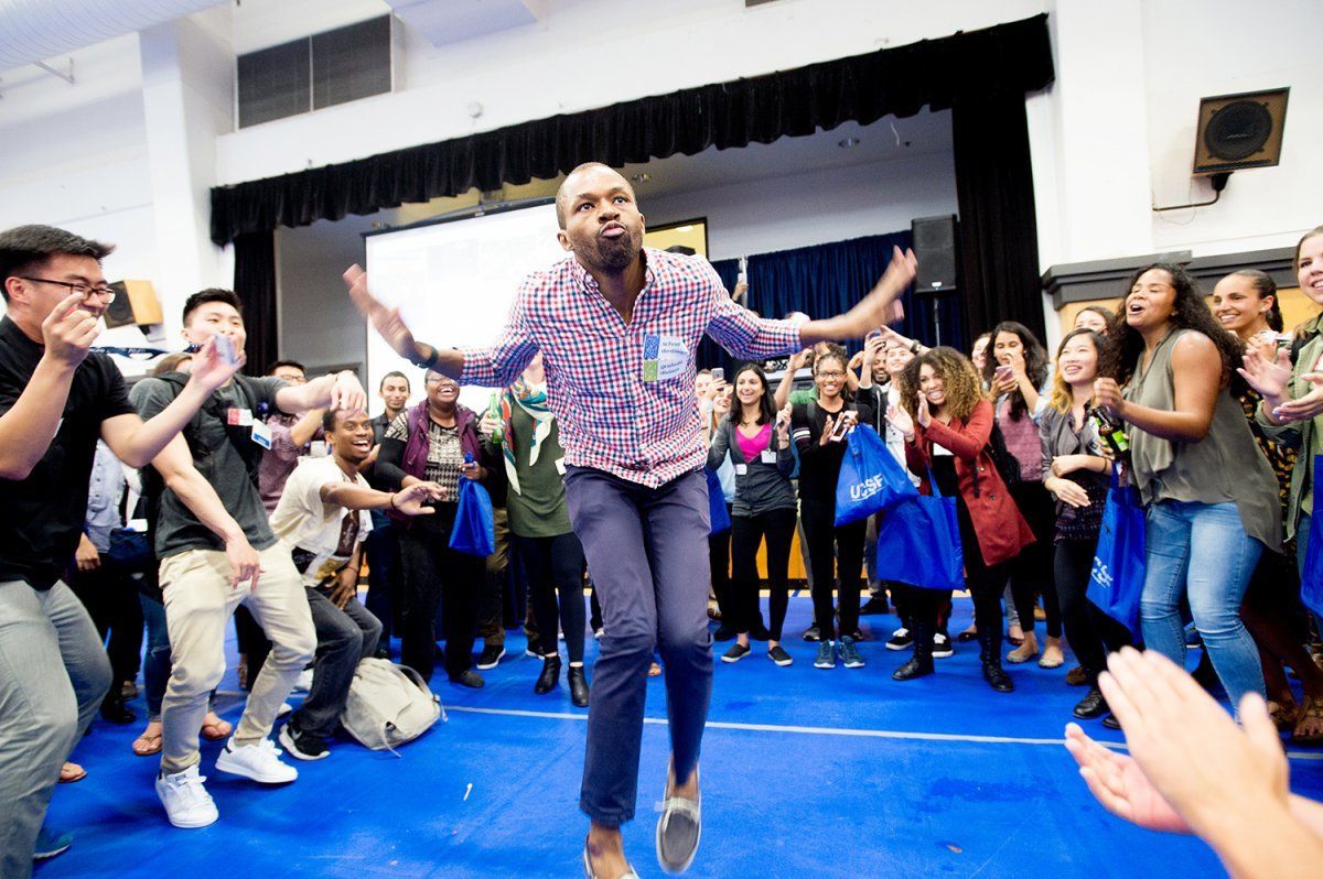 Shaun Abrams dances during the Chancellor's Reception