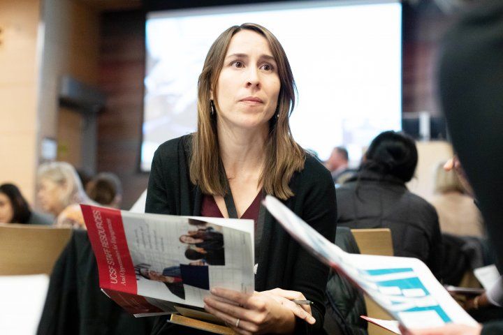 Tara Valcarcel participates in a breakout group about the 2018 UCSF Staff Engagement survey