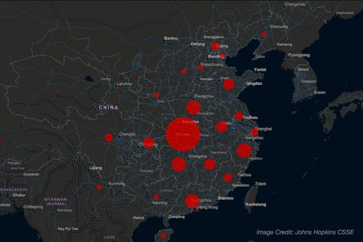 screenshot of China map showing coronavirus outbreak locations
