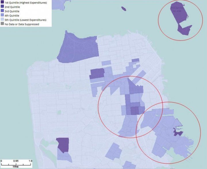 map of SF with highlighted areas of soda expenditures