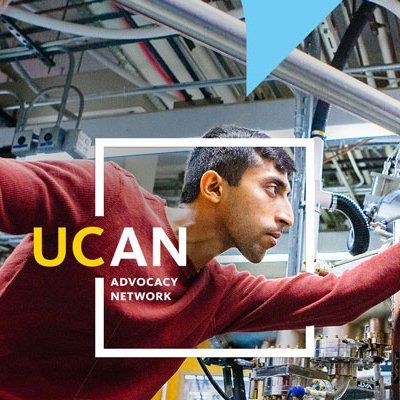 The UC Advocacy Network logo over an engineer intently working on a machine