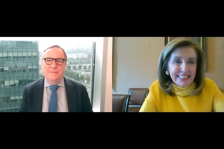 Sam Hawgood and Nancy Pelosi on Zoom town hall