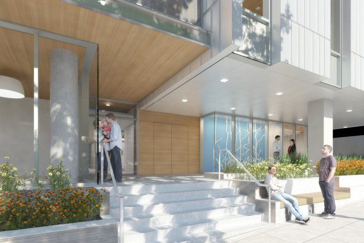 a rendering shows people outside of the new psychiatry building