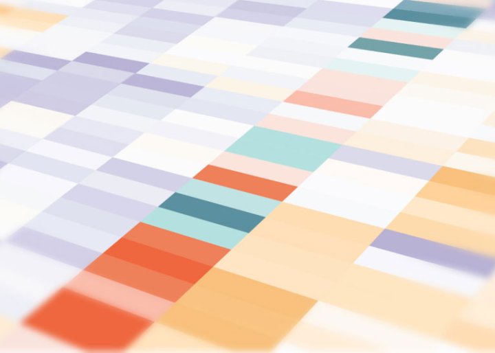 Image of molecular profiling data. DNA sequencing data is represented in purple, orange, red, and green colors of different shades.