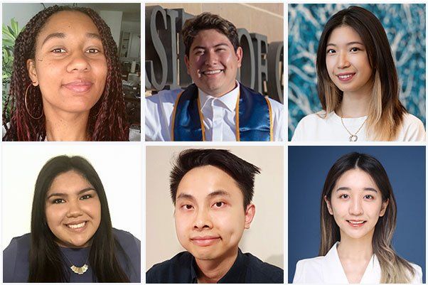 A collection of portraits of the 2022 curci scholars. Top row left to right: Amélie Marie Lucie Delcourt, Ricardo Espinosa Lima, Yang-Sun Hwang. Bottom row left to right: Gabriella (Gabi) Maldonado, Tuan Thinh (caleb) Tong, Xinlan Wen