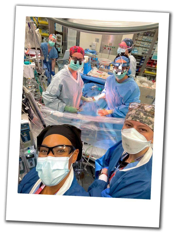 A selfie of UCSF's first all female heart transplant surgery, where a team of all-women surgeons and medical professionals perform surgery.